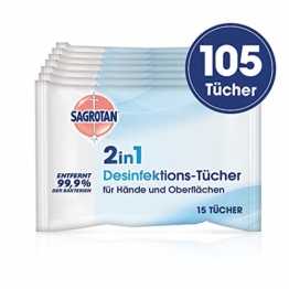 Sagrotan 2in1-Desinfektionstücher – Zum Desinfizieren von Händen und Oberflächen – 7 x 15 Feuchttücher in wiederverschließbarer Verpackung - 1