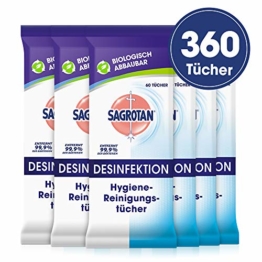 Sagrotan Hygienereinigungstücher – Für die praktische Reinigung und Desinfektion von Oberflächen - 6 x 60 Feuchttücher in wiederverschließbarer Verpackung - 1